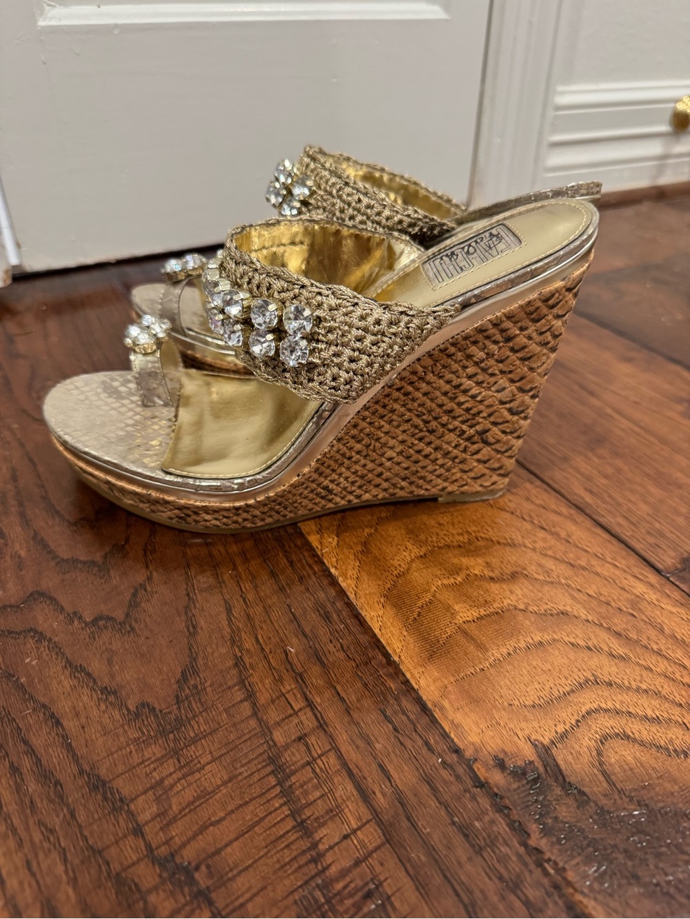 FIONI Clothing Metallic Gold Jeweled Crochet Slide Sandals - Picture 7 of 11